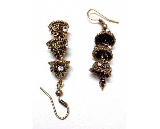 Golden Oxidized Earring Jhumka - Hook Dangle Drop Long Chandelier - Triple Decker